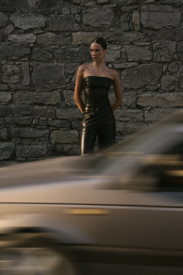 elongated bandeau leather top